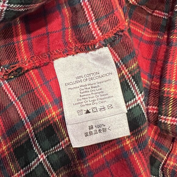 Eddie Bauer Button Up Shirt Red Plaid Flannel Faux Leather Shoulder Patch Medium - Picture 7 of 10